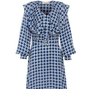 Blue Brown Diamond Print Silk Dress